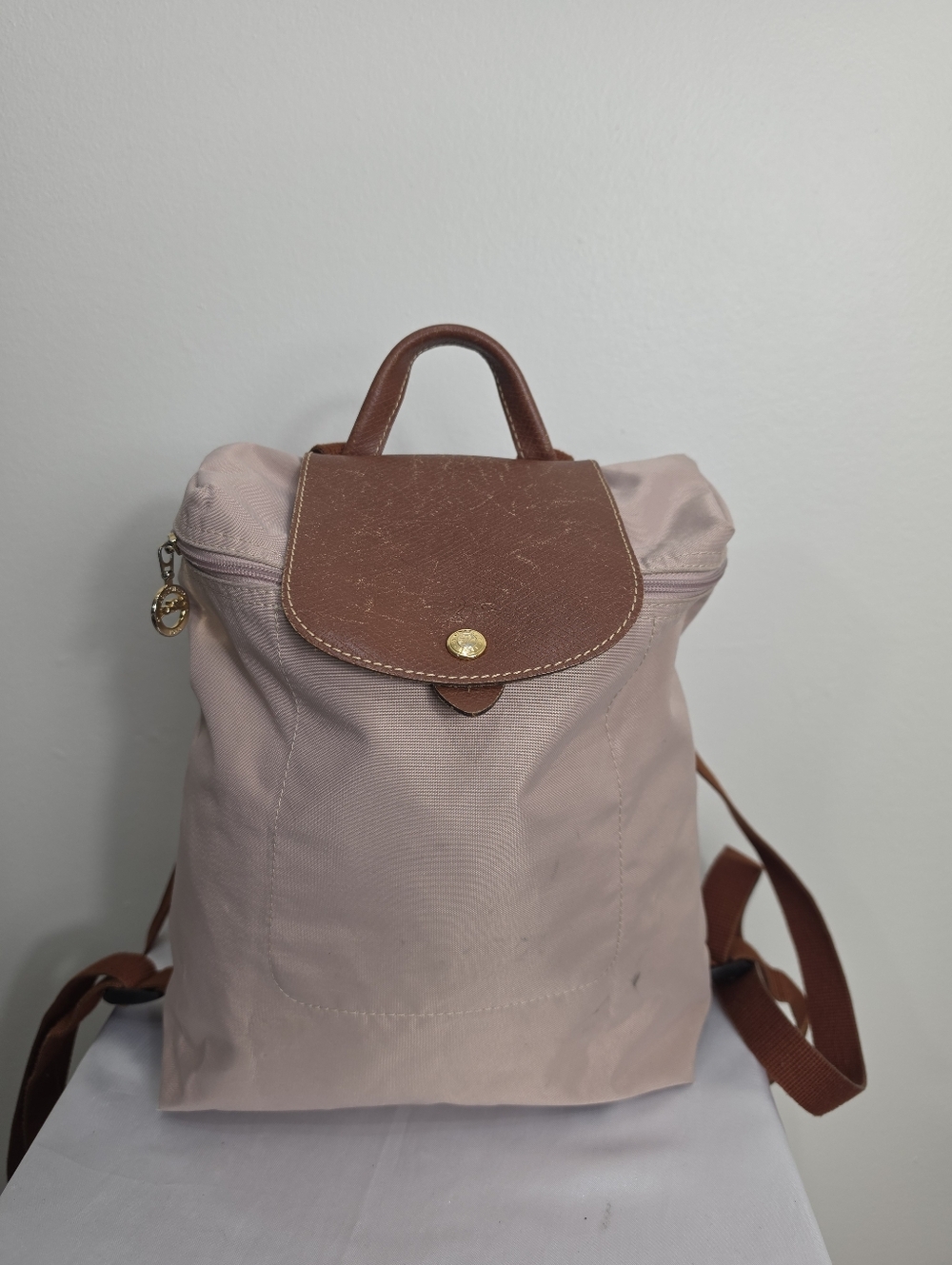 Longchamp Le Pliage Small Pink Nylon Backpack with Brown Leather Trim